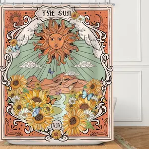 Tarot Boho Sunflower Retro Sun Shower Curtain, 72Wx72H Inch Vintage Bohemian Moon Aesthetic Bath Divider, with 12 Plastic Hooks Fabric Waterproof Toilet Accessories Decor