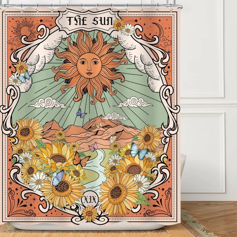Tarot Boho Sunflower Retro Sun Shower Curtain, 72Wx72H Inch Vintage Bohemian Moon Aesthetic Bath Divider, with 12 Plastic Hooks Fabric Waterproof Toilet Accessories Decor