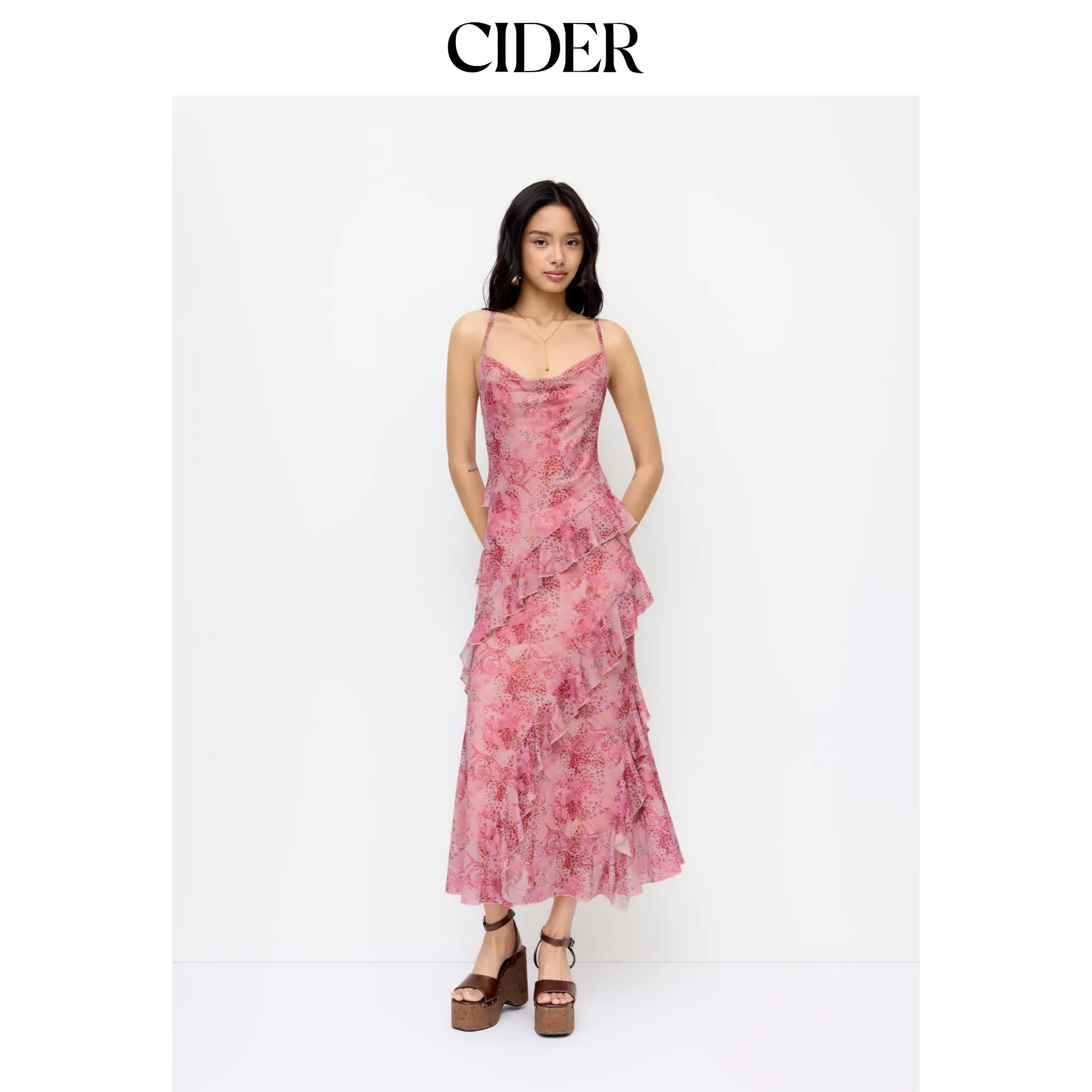 Cider Mesh Floral Cowl Neck Ruffled Mermaid Maxi Dress