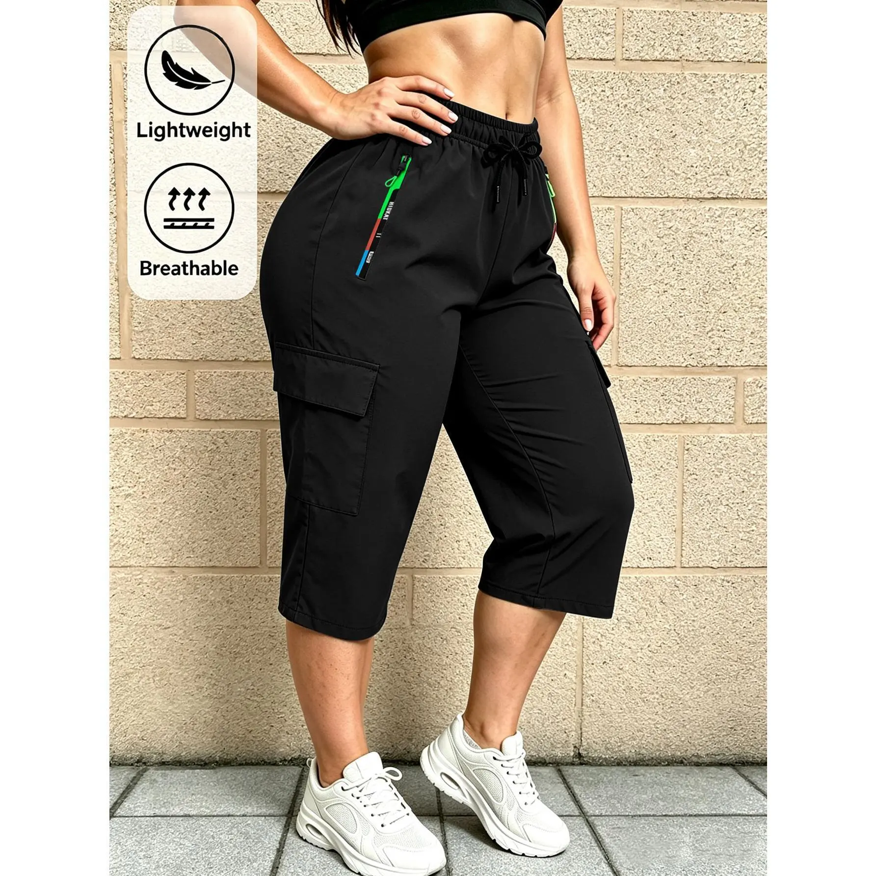 Ladies' Spring and Summer Fashionable Casual Solid Color Workwear Cropped Pants, Elastic Waistband Drawstring Multi-color Zipper, Large Capacity Pocket, Suitable for Outdoor Leisure, Sports, Daily Fashionable Dressing in Spring and Summer Seasons, Etc