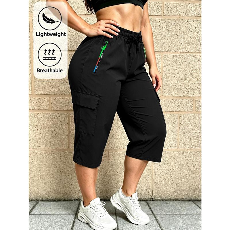 Ladies' Spring and Summer Fashionable Casual Solid Color Workwear Cropped Pants, Elastic Waistband Drawstring Multi-color Zipper, Large Capacity Pocket, Suitable for Outdoor Leisure, Sports, Daily Fashionable Dressing in Spring and Summer Seasons, Etc