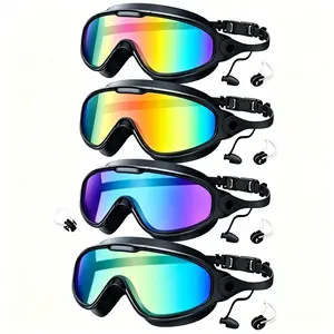 4 Pairs Unisex Large Frame Swim Goggles, UV Protection, Wide Angle Vision, Waterproof Anti-Fog, Includes Earplugs and Nose Clip, Pool Use