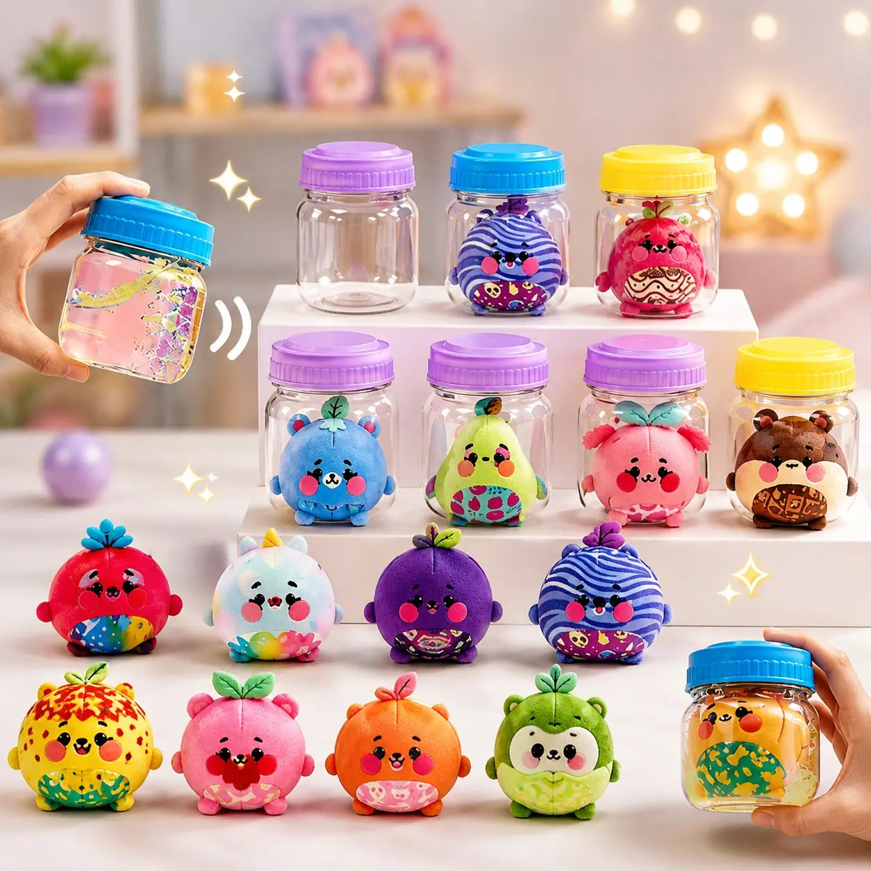 Magic Surprise Jar Random Plush Toys, 16 Collectible Soft Fruit Animal Stuffed Animals, Fun Stress Relief Gift for Boys Girls