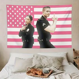 2D Flat, 1pc 2D Printed Newlyweds Lucy and Tim Bradford Tapestry Poster with Eric Winter Pink American Flag Background Wall Decor, Perfect Gift for Indoor Décor in Living Room Bedroom Office Home Walls/Room Party Hanging High-Quality Artwork