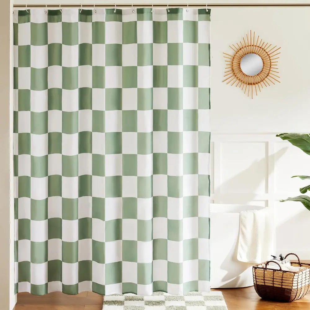 Checkered Shower Curtain, Sage Green Shower Curtains for Bathroom, Cute Retro Checkboard Shower Curtain Vintage Aesthetic, Washable Fabric Bath Curtain