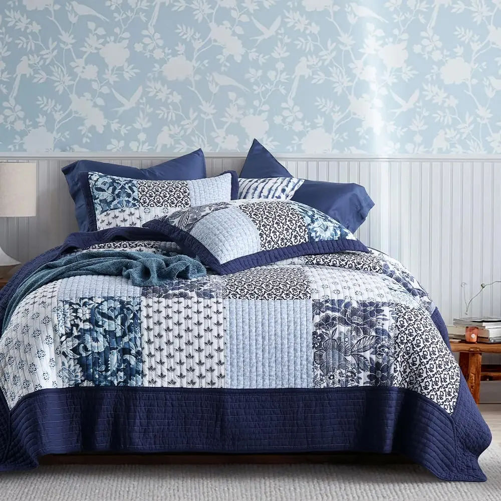Quilt  Size, Soft Breathable Bedspread with 2 Shams, Rustic Luxury Paisley Patchwork Quilt,Reversible Coverlet Blue Bedding Sets for