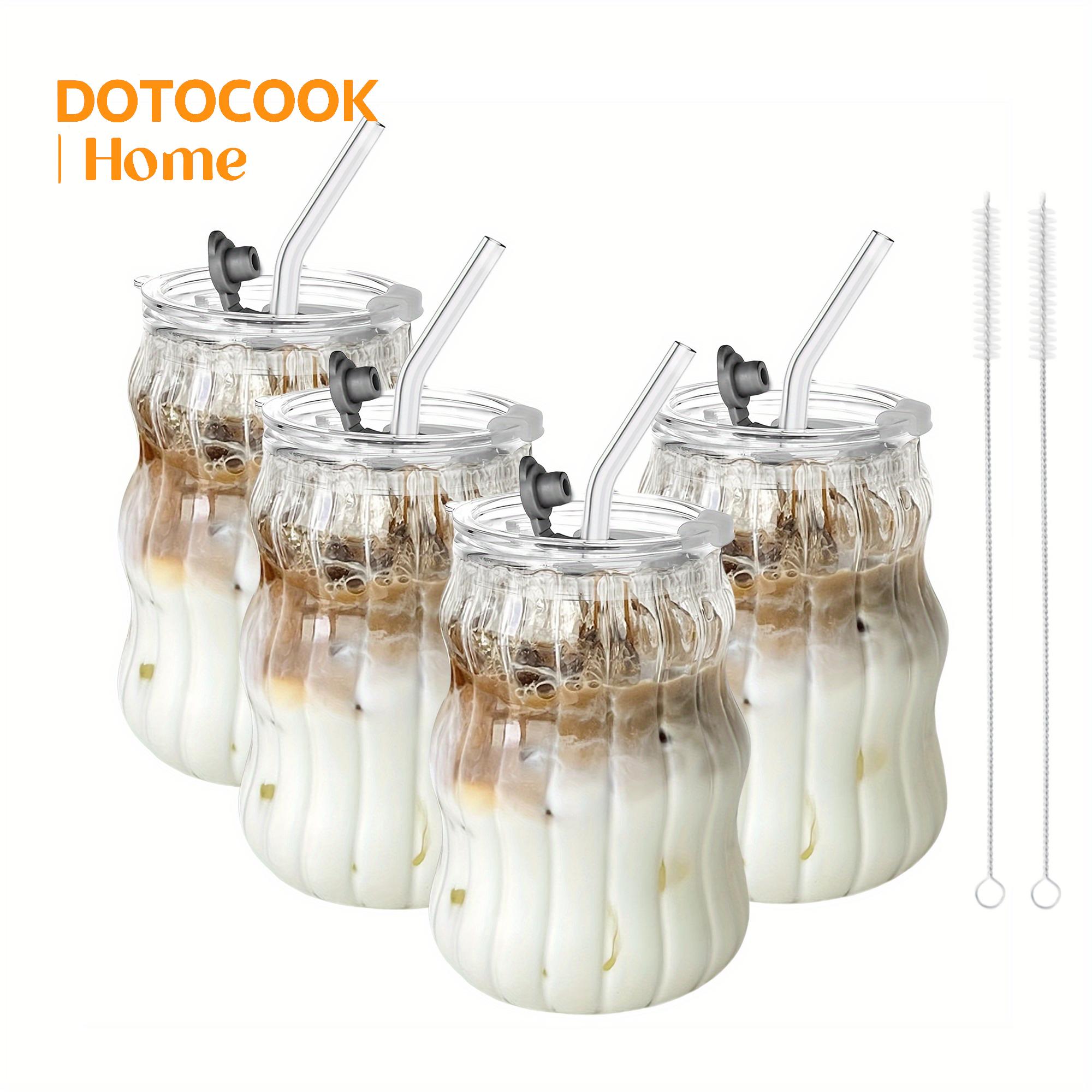 Glass Cup with Straw & Lid, 4/6 Counts Glass Cup Set Portable Clear Ripple Glass Cup with Cleaning Brush, Summer Cool Bottle Drinking Cup for Coffee, Latte, Water, Macha, Juice, Ribbed Glass Cup #TOP PICKS