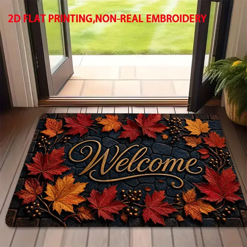 Autumn Maple Leaf Welcome Doormat - Thanksgiving Fall Home Decor Mat for Front Door, Non-Slip Quick Dry 2D Flat Printed Rug, Spooky Season Outdoor Porch Entryway Carpet [Multiple Sizes]