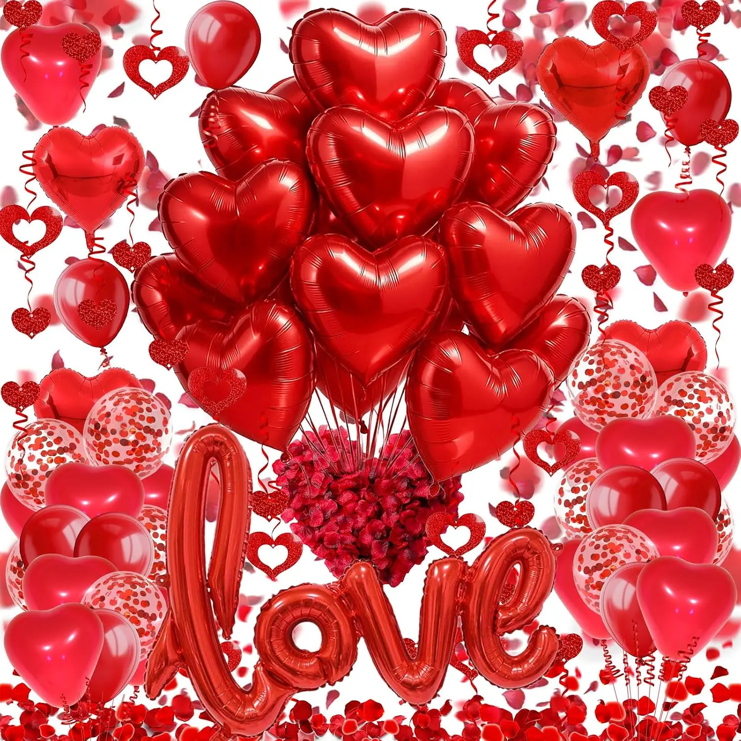 Love and Heart-Shaped  Foil Balloon,Heart-Shaped and Round Latex balloons,Confetti Balloon, Petals, Streamers for Valentines Bridal Shower Anniversary Engagement Decorations