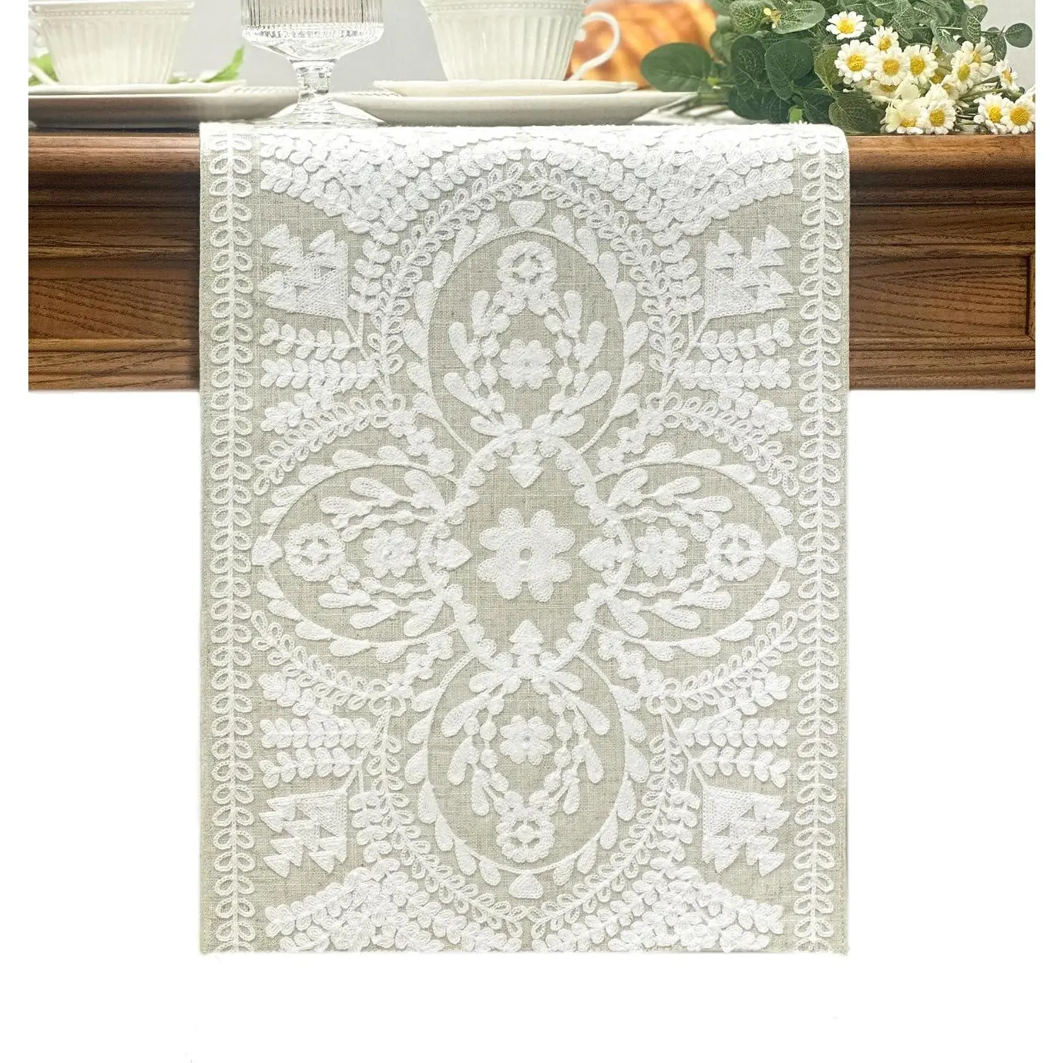 Boho Table Runner 72inches Long, Farmhouse Linen Table Runner, Rustic Vintage Natural Embroidered Table Runners 13x72 Inch for Dining Table Decorations
