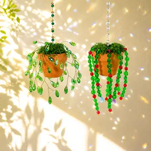 Glass Beaded Plant Kit Hanging Suncatcher Gifts Sun Catchers Window Décor | Handmade Green Crystal Leaf Flower Beads Garden Light Catcher with Chain Diy Potted Plant Home Decorations Car Charm Hanger Ornaments Hangable