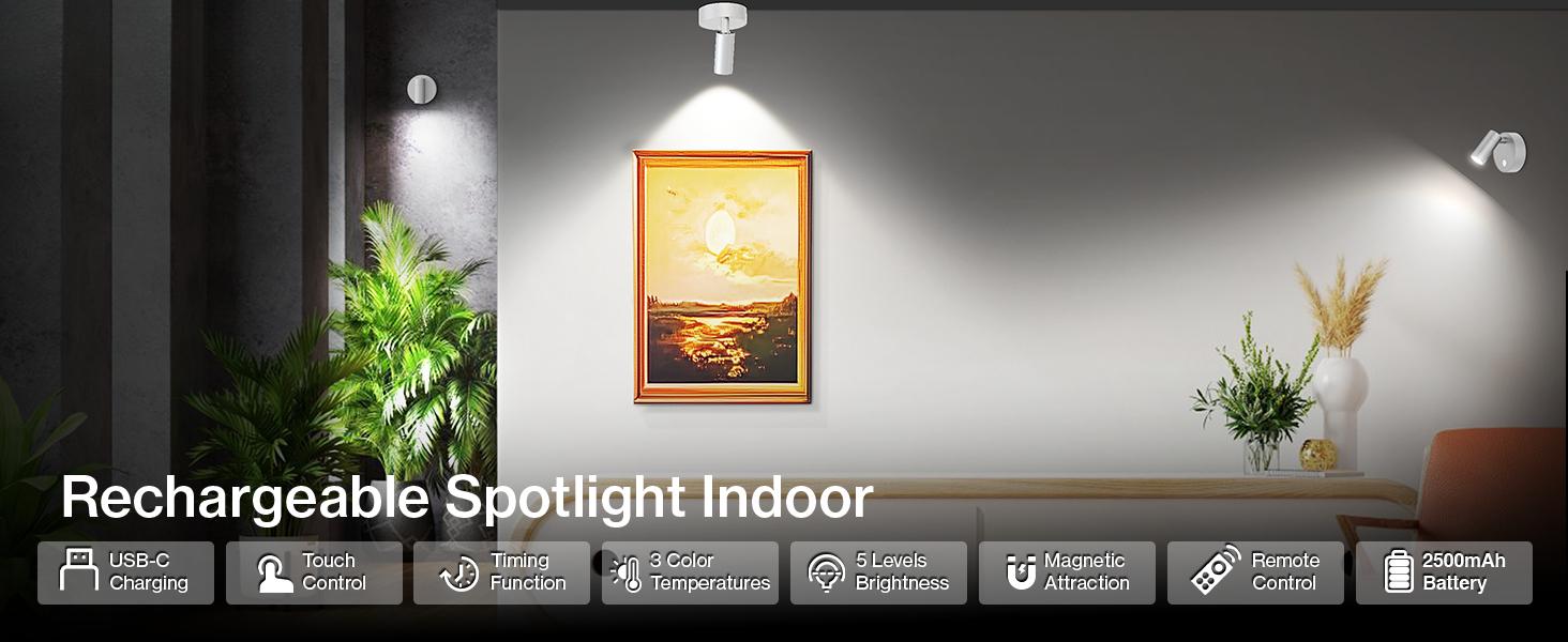 LED Wireless Spotlight Indoor, Rechargeable Battery Uplighting Indoor with Remote & Timer, 3CCT Picture Lights for Wall, Mini Art Accent Light for Plants Artwork Painting