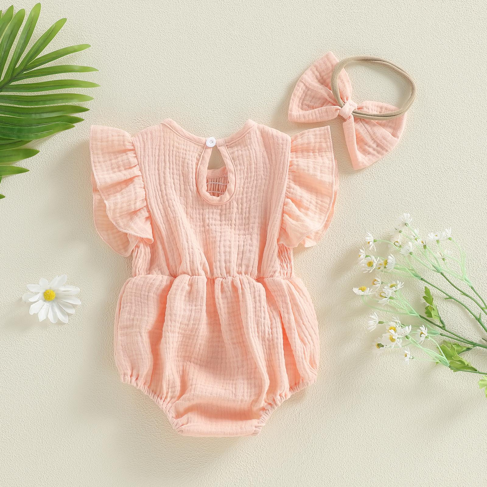 Newborn Baby Girl Romper Ruffle Sleeve Solid Smocked Bubble Romper Jumpsuit Bow Headband Cute Infant Summer Clothes