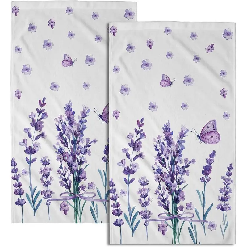 Lavender Flower Towel Set (2-pack) Purple Butterfly Kitchen Dishcloth Soft Fingertip Bath Towel Bathroom Towel Face Fitness Spa Home Decor