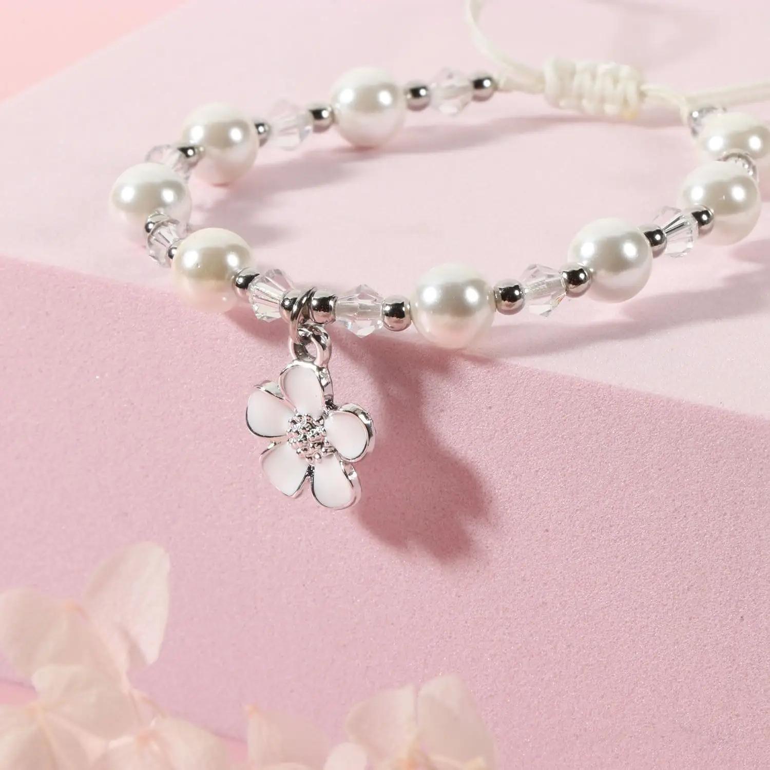 Elegant Floral Bracelet - Adjustable Handmade Acrylic Wedding Gift for Flower, Pink & White Beads with Sparkling Accents, Perfect for Weddings & Special Occasions, Cute Bracelet