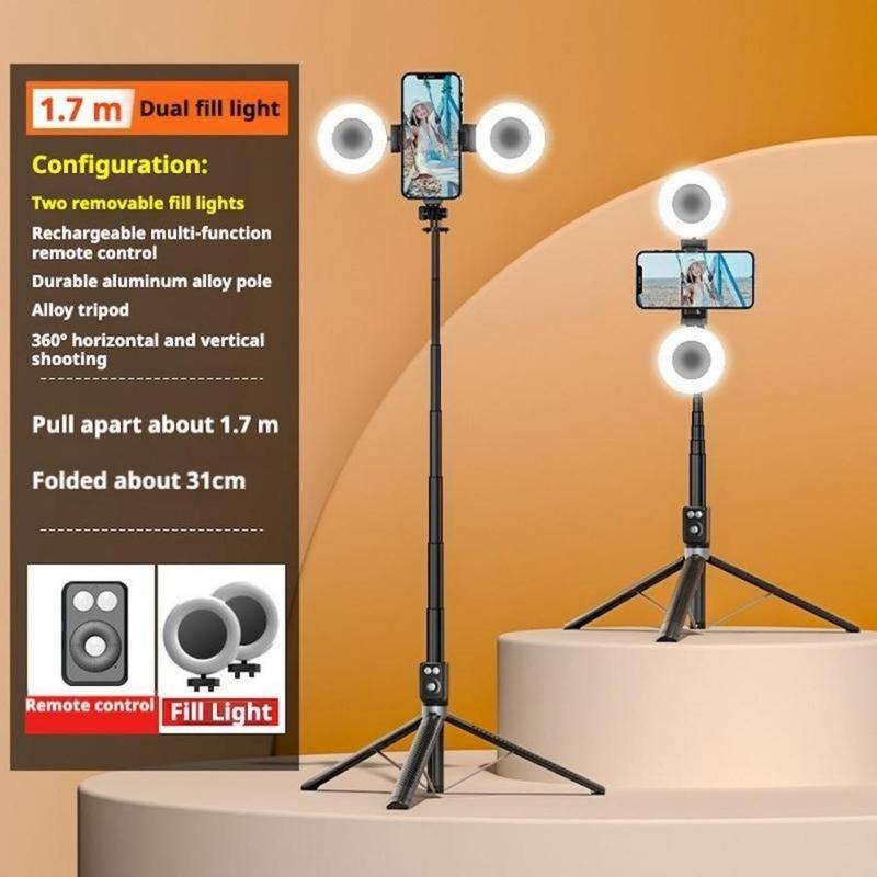 67Inch Aluminum Alloy Phone Selfie Stick with 2 Fill Light, Multifunctional Remote Control Selfie Stick, Live Streaming Tripod for Mobile Phone, Tripod Stand for Vlogging, Gimbal, Photography, Camera Cellphone Smartphone Black tripod ring light moving