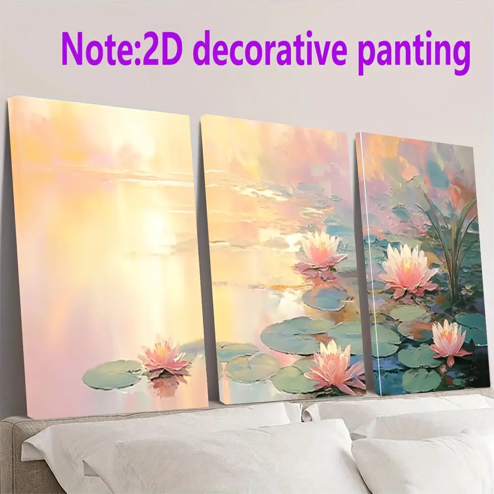 2D flat posters and paintings, 2D flat, 2D flat, triptych, 3-piece set, pink water lily oil painting, triptych canvas painting, fashionable wall art, aesthetic room decoration, exquisite artwork, home decoration, gift choice