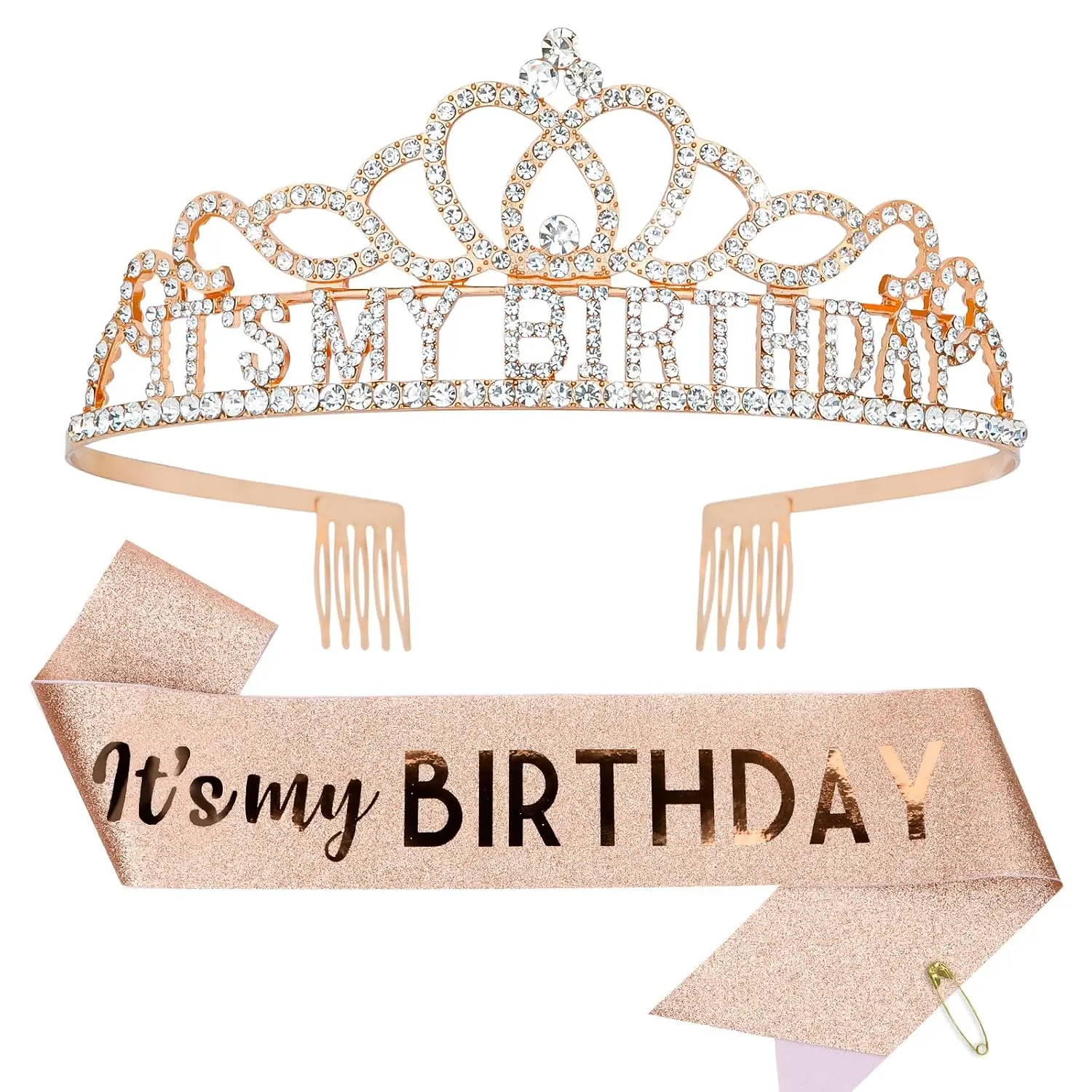 Birthday Tiara and Sash Set for Women, Rose Gold Rhinestone Tiara with Comb and 'It's My Birthday' Soft Glitter Sash, Adjustable Size for Parties, Rhinestones, Synthetic, 2 Piece Sets, Sparkles, Crown Sash