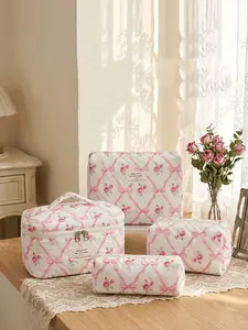 Pink rose bow quilted cosmetic bag set, multi-size cosmetic bag, suitable for daily and travel storage