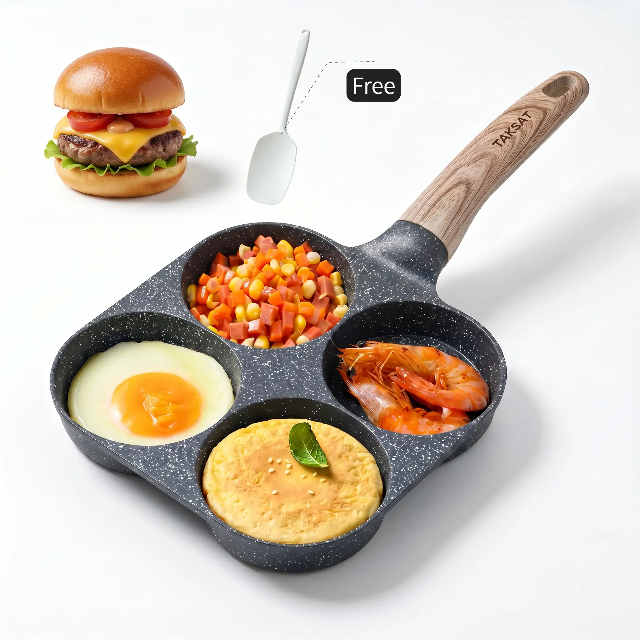 [Buy 1 Get 1] 4-Hole Non Stick Breakfast Pan |  Fast Heat Skillet for Eggs & Hamburgers, EggFryingPan, Multifunctional 4-in-1 Non-Stick Breakfast Pan, Easy Clean Wooden Handle, Pans & Woks KitchenGadgets, Effortless Family Breakfast Prep
