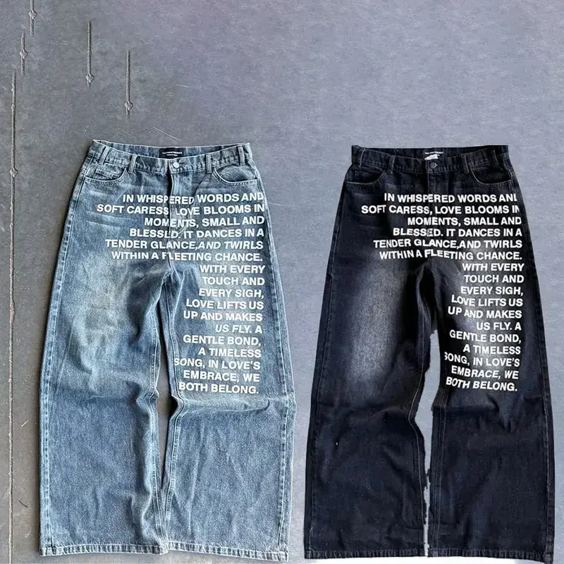 Y2K American Letter Print Wide Leg Jeans | Vintage Streetwear Vibes | Unisex Casual Denim