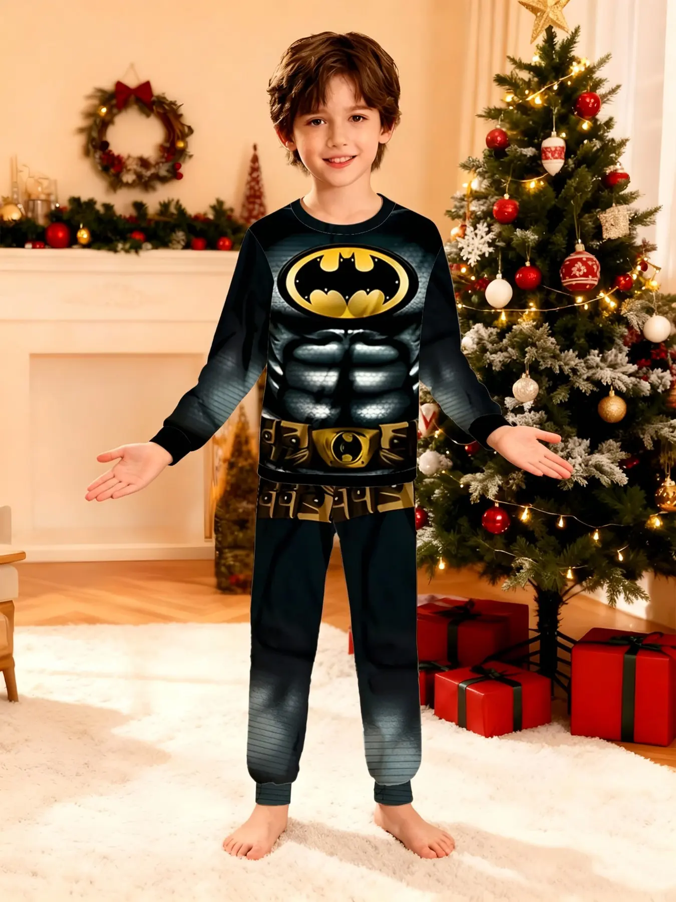 Warner Bros. Official Boys' Long Sleeve Pajama Set, Dc Batman Full Print, Casual Loose-Fit, Fall & Winter, Christmas Party Wear
