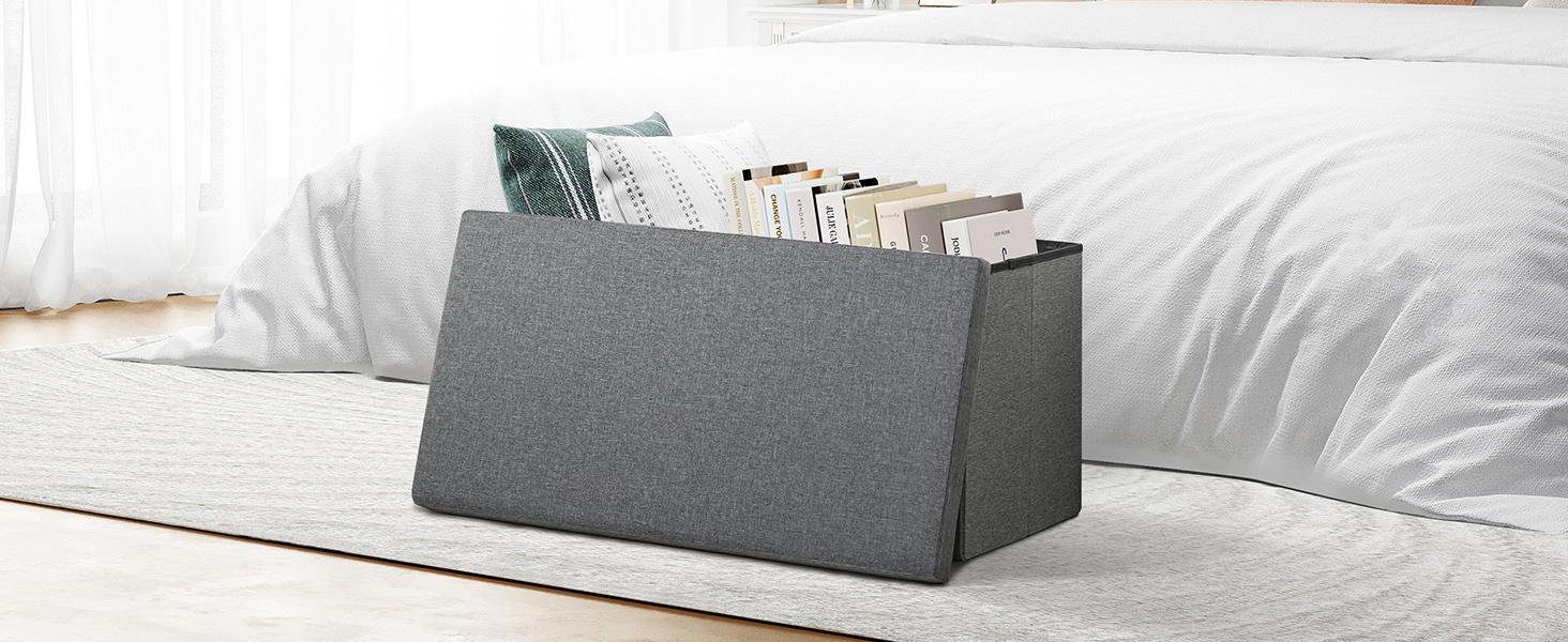 Storage Ottoman with Tray, Linen Coffee Table Folding Long Shoes Bench Footstool, Dark Grey 30"x15.74"x15"