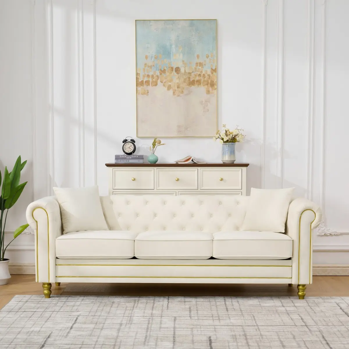 85" Velvet Chesterfield Sofa with Rolled Arms & Gold Legs,Luxury Tufted Couch, 3 Seater Mid-Century Modern Couch with 2 Pillows, 22.5'' Seat Depth,18.5'' Seat Height,Sofa for Living Room,Apartment,Office, Easy Assembly,Beige