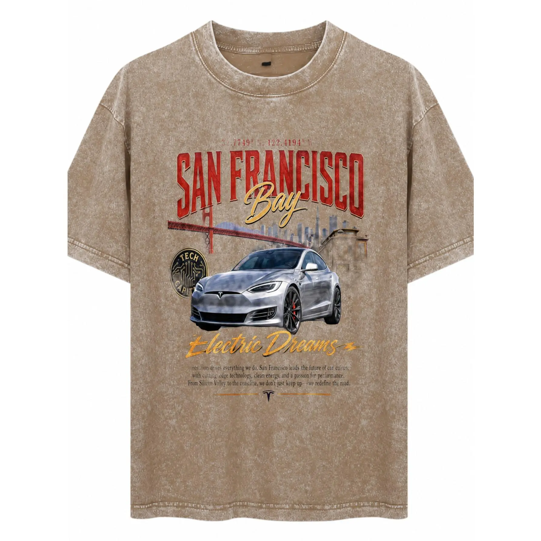 San Francisco Bay, Electric Dreams, Tesla Car Graphic, Vintage Washed Cotton, Streetwear Fashion, Unisex Loose Fit T-Shirt