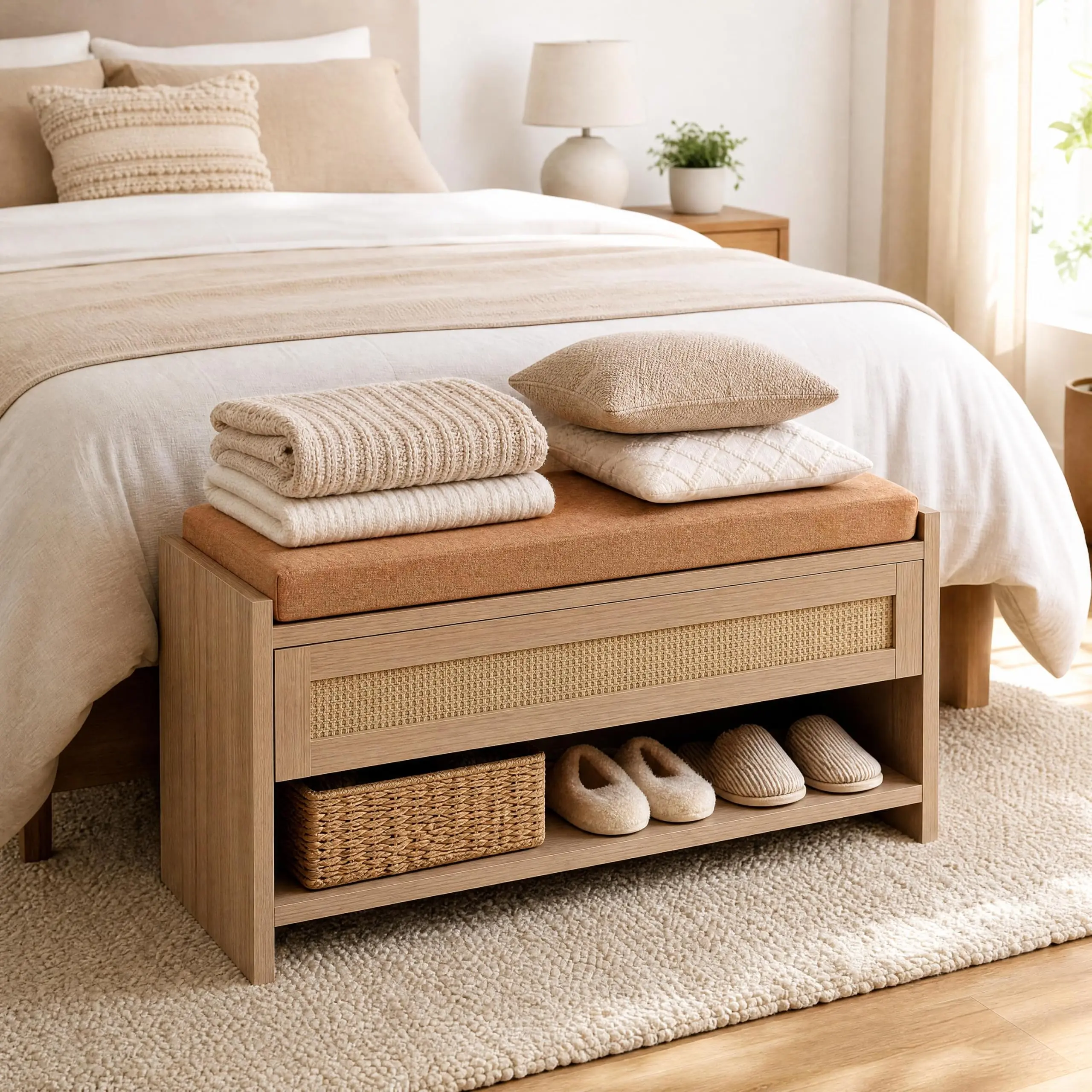 31 In Rectangular Farmhouse Wooden Shoe Bench - Heavy-Duty Entryway Bench with Storage Drawer, Removable Linen Cushion, Open Shelf for Hallway, Bedroom Organization (Light Oak)