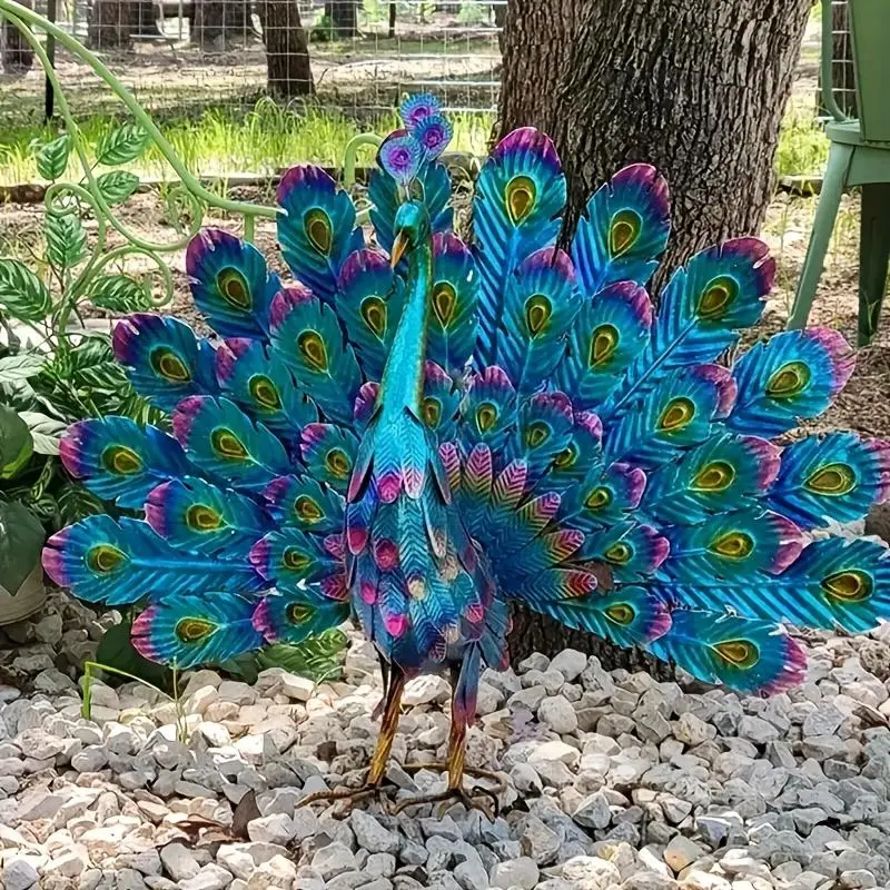 Metal Peacock Statue, 1 Box Colorful Peacock Ornament with Lush Tail Feathers, Durable Outdoor Decor for Garden, Patio, & Yard