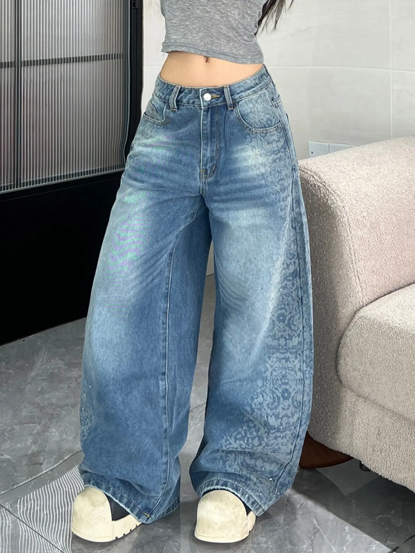 Women's Vintage Washed Denim Jeans, High Waist Wide Leg Baggy Pants, Y2K Streetwear Fashion, Loose Fit, All Seasons, Casual & Trendy