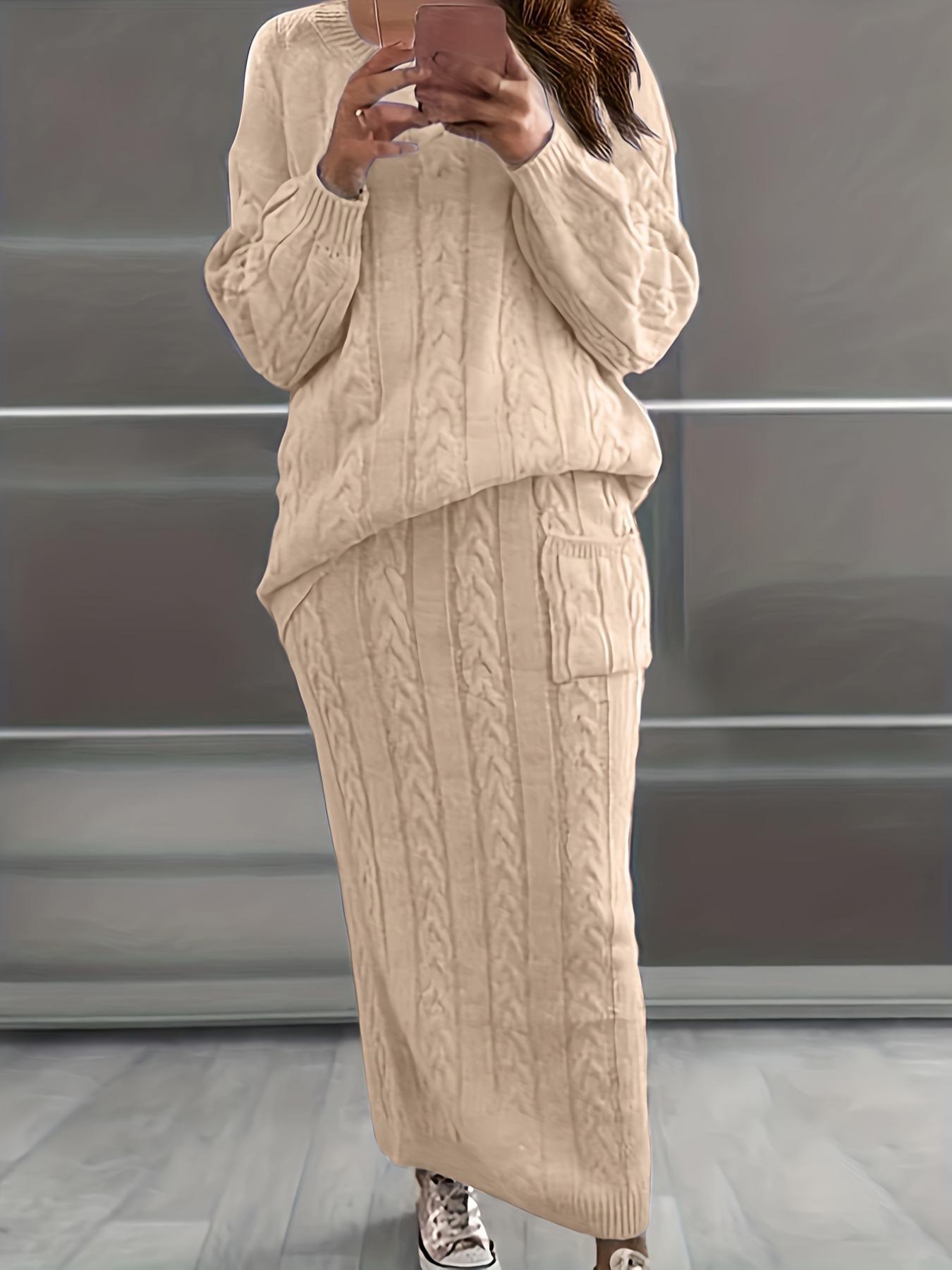 Women's Solid Cable Knit Sweater & Pocket Skirt Set, Long Sleeve Round Neck Jumper & Long Skirt, Two-piece Outfits for Daily Wear