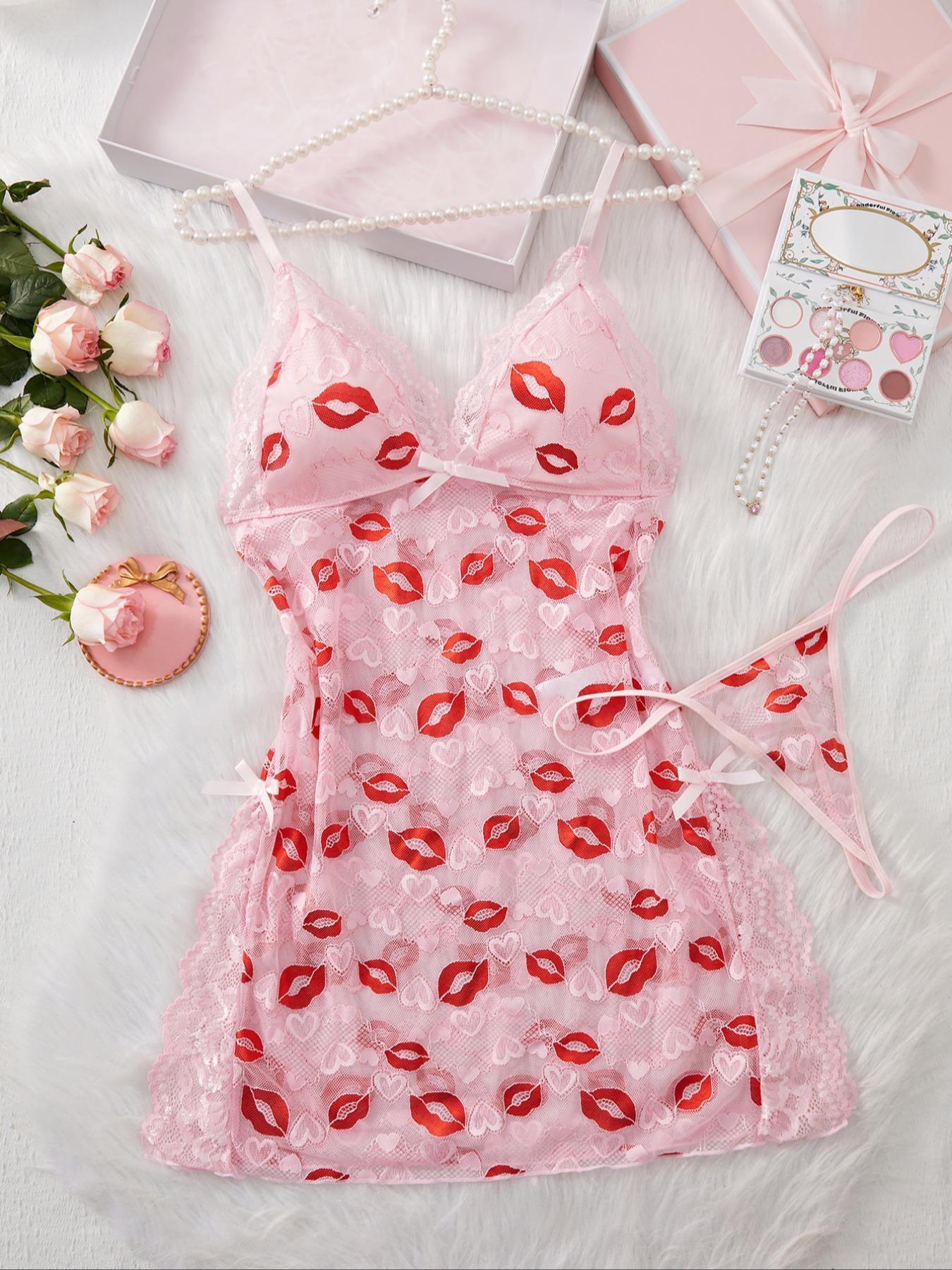 Women's Lip Print Lace Trim Cami Nightdress & Thong Sexy Lingerie Set, Comfy Breathable Nightgown & Panty Set, Women's Sleepwear & Loungewear Set, Sleeveless Nightgown