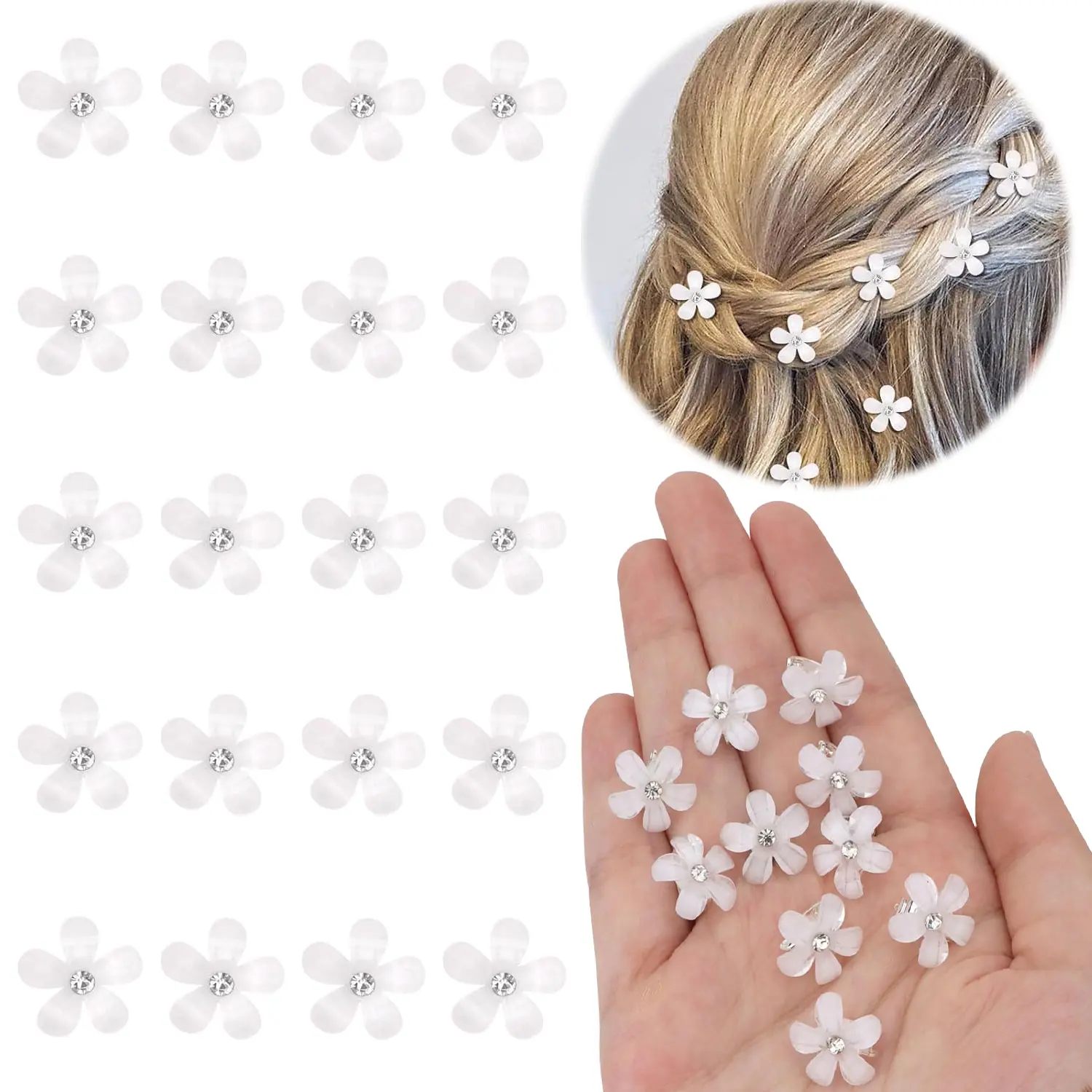 20Pcs Mini White Rhinestone Flower Hair Clips, Elegant Floral Crystal Hair Barrettes, Bridal Wedding Decorative Hair Pins for Women Girls Daily Party