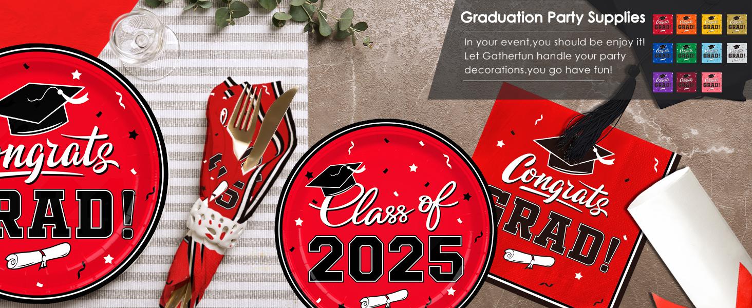 Graduation decorations 2026 Graduation Party Plates and Napkins Red Disposable Paper Plates Luncheon Napkins Cocktail Napkins for Congrats Grad Party Decorations, Serve 50