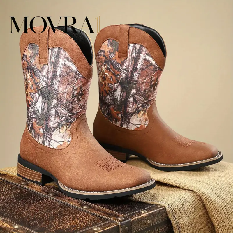 MOVRA1 Cowboy Boots Men - Western Men's Boots with Classic Embroidered, on Square Toe Boots, Resistant Country Boots Chunky Heel Ankle, Durable Short Boots Fall