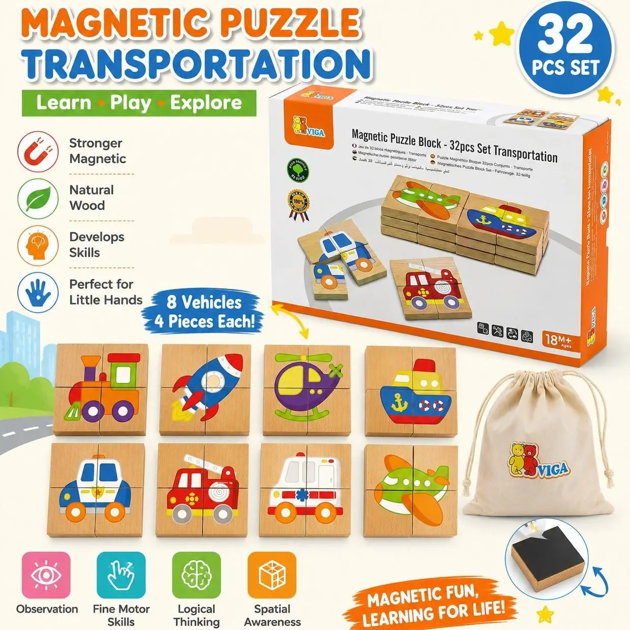 Magnetic Wooden Puzzle Blocks 32pcs, Transport Vehicle Jigsaw Toy, Beech Wood Toddler Learning Puzzle, Educational Montessori Game for Kids 3+