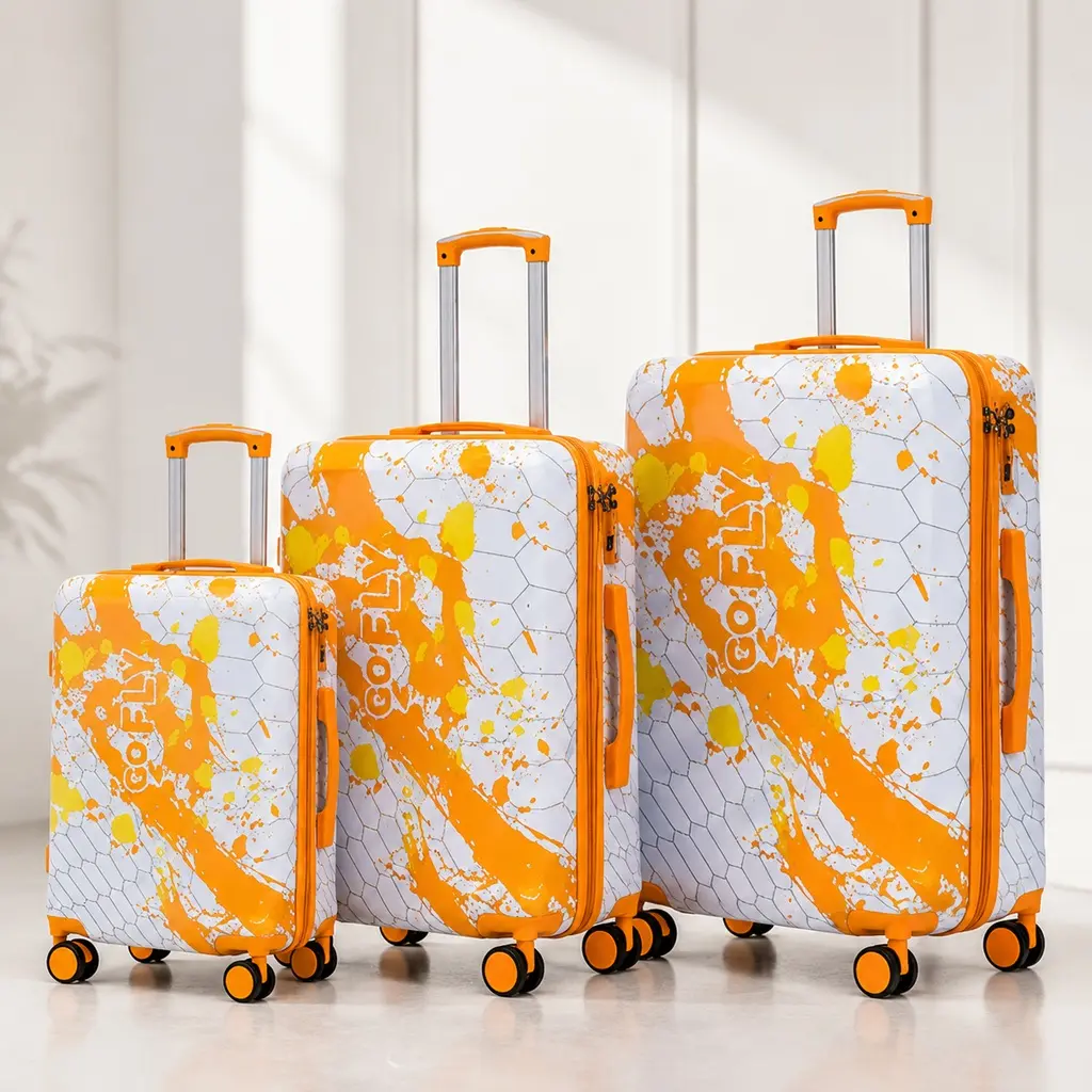 3-Piece PC Spinner Wheel Luggage Set (20/24/28 Inch) with Combination Lock, Splatter Print & Honeycomb Texture, Waterproof Hard Shell Carry-On Travel Suitcase for Vacation, Business, Weekend Trips, Orange/Black/Blue/Pink