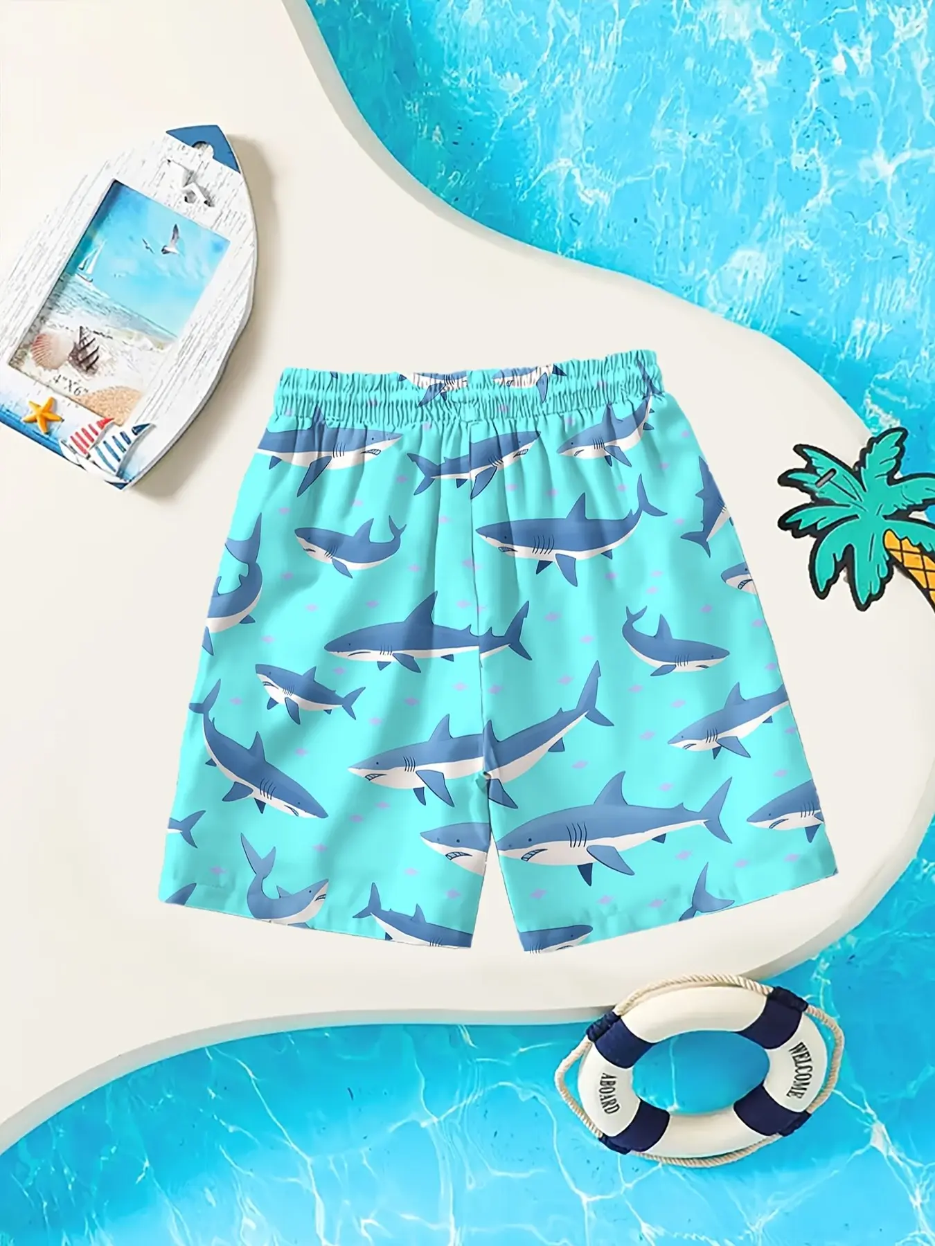 Kids Boys Mint Blue Large Cartoon Shark Tiny Bubble All Over Print Quick Dry Swim Trunks, Cool Marine Animal Drawstring Beach Board Shorts 2–10Y
