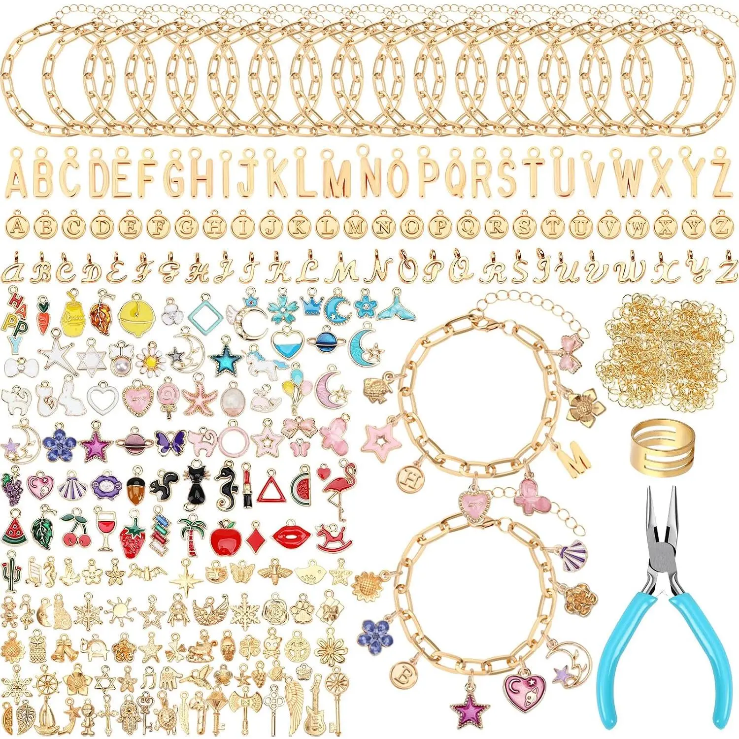 486 count Charm Bracelet Making Kit, Including 16 Bangles 228 Charms | 240 Jump Rings, and Pliers Tools for Crafts, KC  Charm Chain for DIY Bracelet Making Supplies