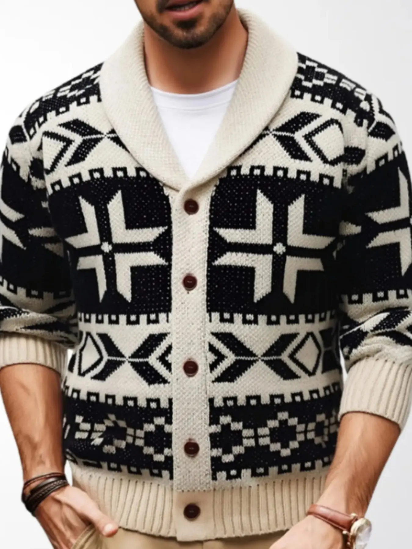 Men's Knitted Cardigan with Lapel Geometric Pattern, Vintage Ethnic Style Sweater, Fall Winter Outerwear, Men's Fashion Clothing