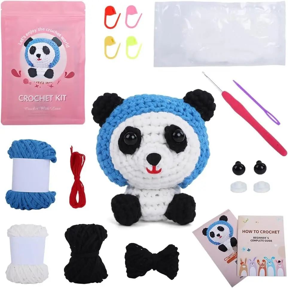Panda Crochet Kit for Beginners, Learn to Crochet Starter Kit with Pre-Started Yarn & Easy-to-Follow Video Tutorials, DIY Amigurumi  Kit for Adults
