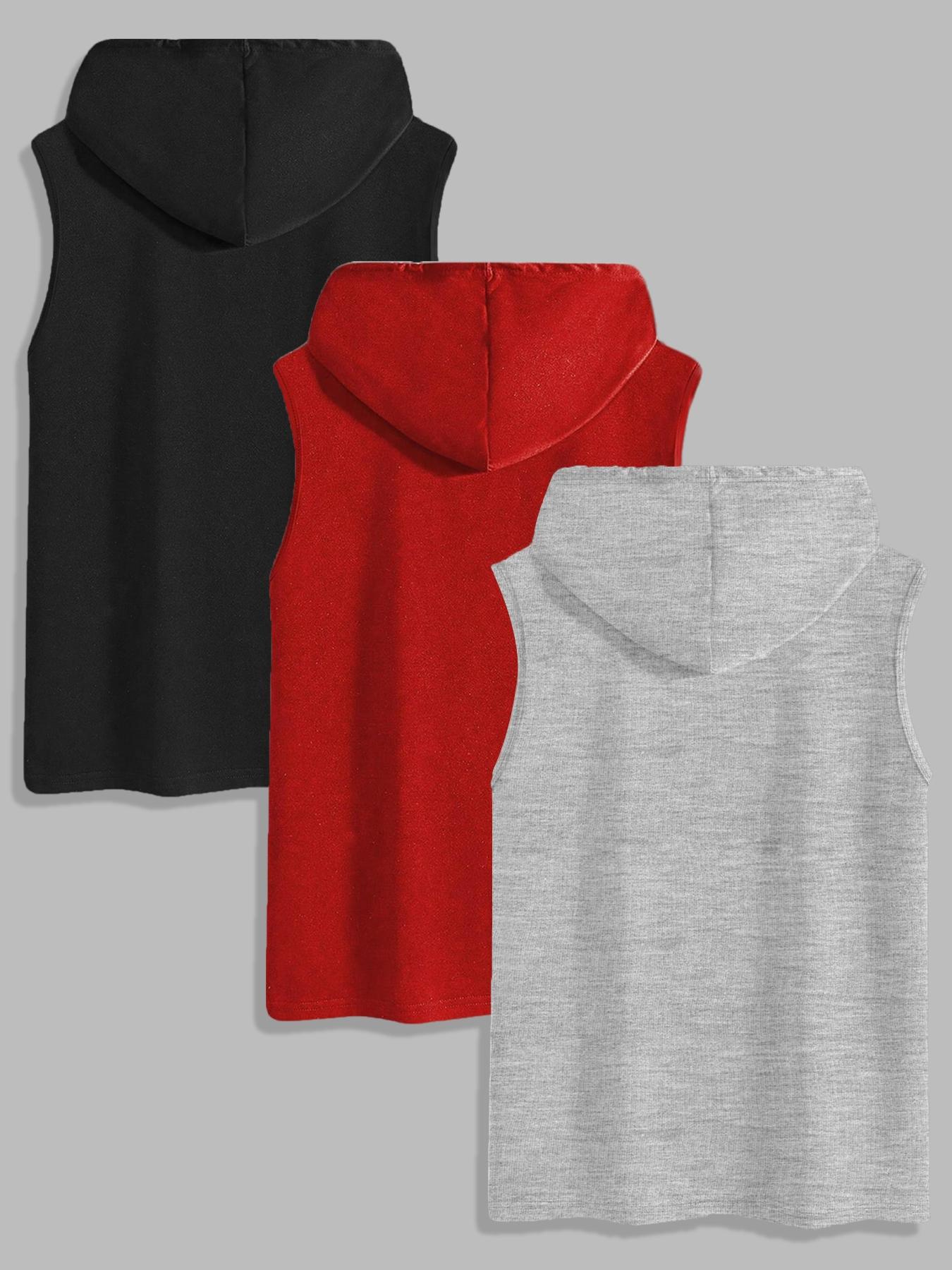 Men's 3-Piece Set Letter Print Hooded Sleeveless T-Shirt, Casual Comfortable Summer Outdoor Fitness Vest, Fitted Style