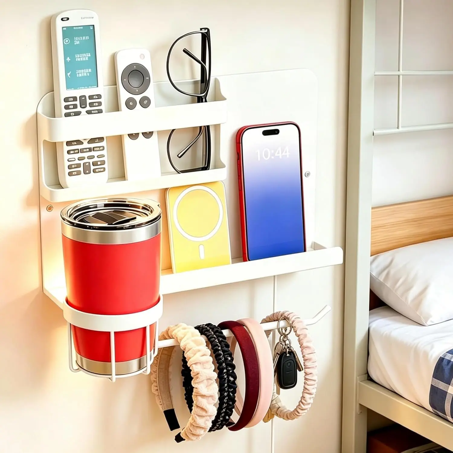 Floating Bedside Wall Organizer & Dorm Decor| Wall Mount Essential Wall Nightstand Bed Shelf for Remote Control Holder, Cool Teen Girls Trendy Stuff, Room Organization
