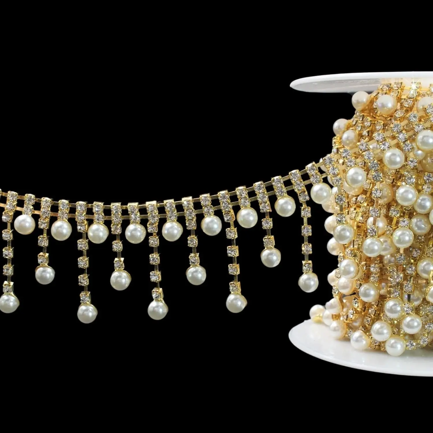 1 Yard Pearl Rhinestone Trim Chain Crystal Fringe Gold Diamond Applique Ribbon String Tassel Strip for Sewing Wedding Dress Crafting Crafts Flower Embellishments