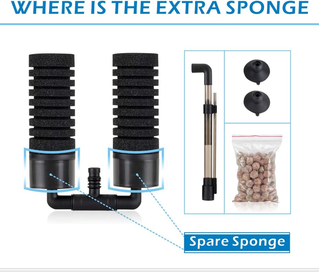 Sponge Filter, Aquarium Filter Double Sponge Replaceable Media with 4 Biochemical Sponges and 1 Bag of Filtered Ceramic Balls Ultra Quiet Filter Fish Tank (S/M)