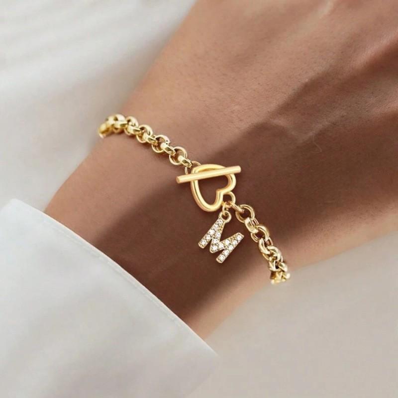 Stainless Steel Initial Letter Heart Toggle Bracelet Gold Plated 26 Alphabet Charm Bracelet for Women Daily Jewelry