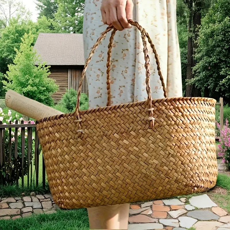 Retro Handwoven Rattan Shopping Basket, Creative Large Carry Basket, Home Outdoor Picnic Prop