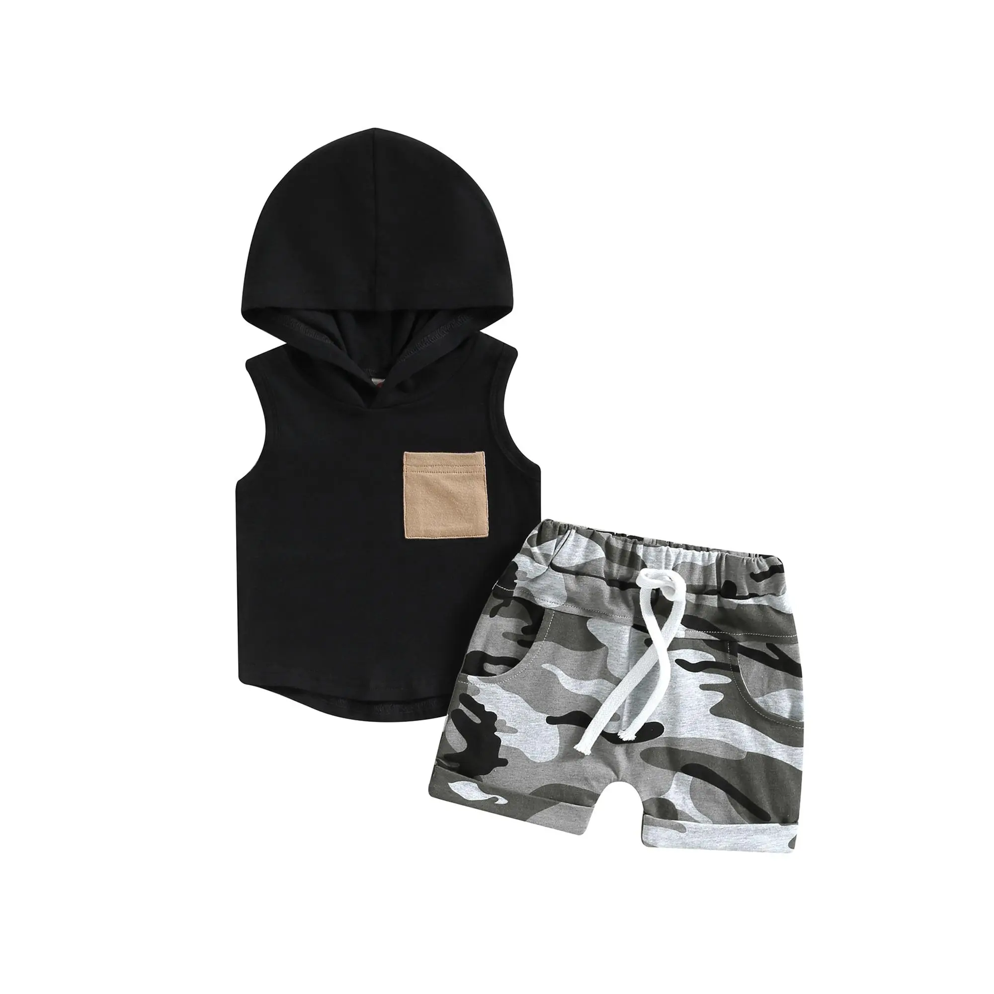 Infant Boys Summer Clothes Outfits Pocket Hooded Sleeveless Tank Tops and Camouflage Elastic Waist Shorts 2Pcs Suit